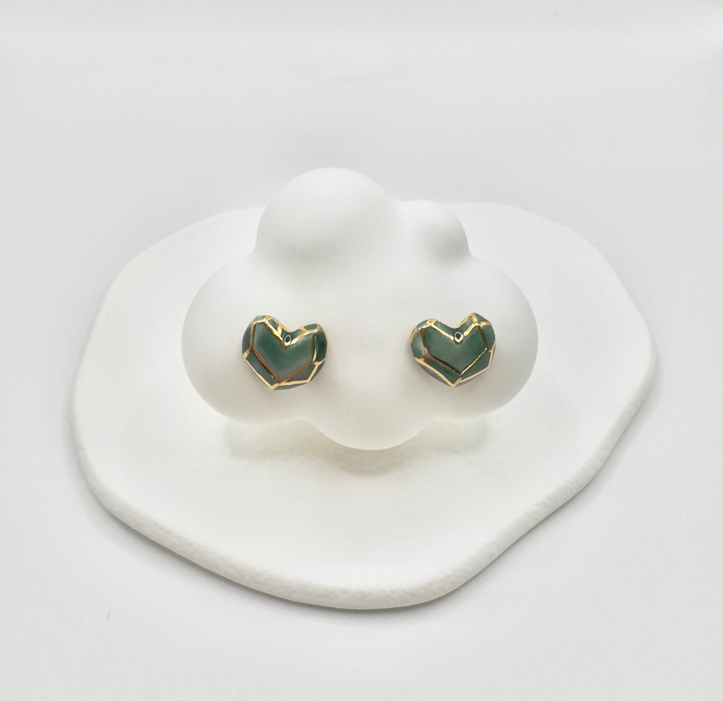 Heart Button Porcelain Earrings - Green