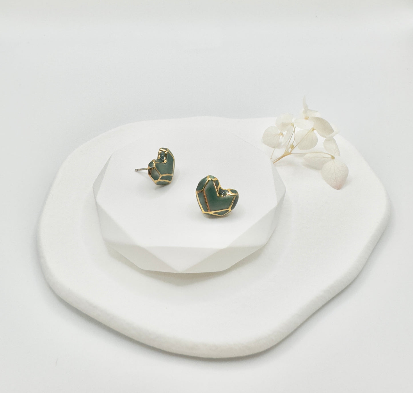 Heart Button Porcelain Earrings - Green