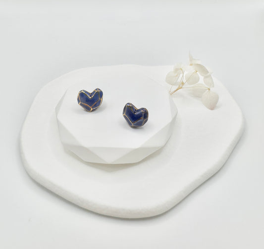 Heart Button Porcelain Earrings - Blue