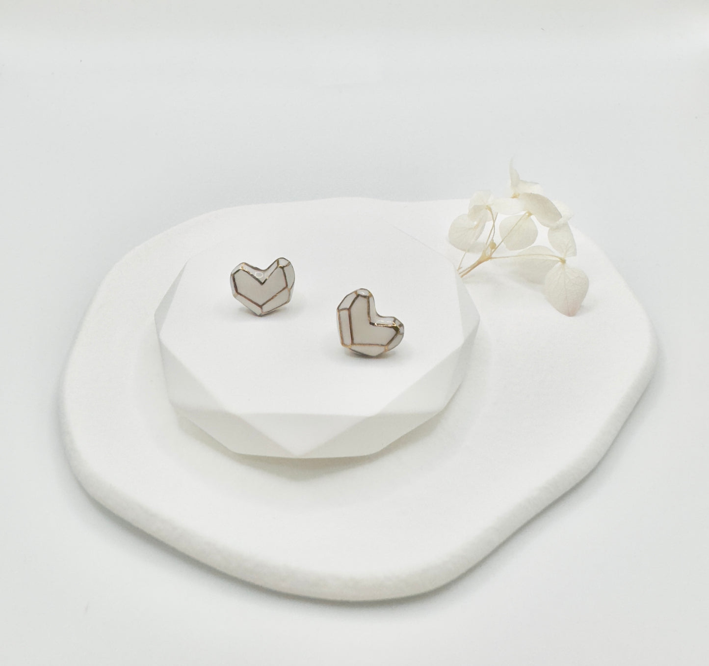 Heart Button Porcelain Earrings - White