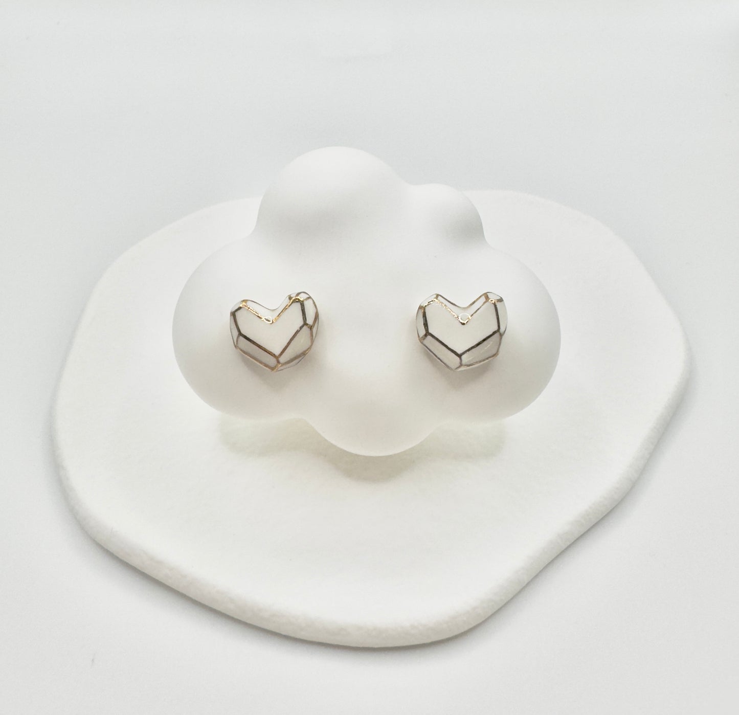 Heart Button Porcelain Earrings - White