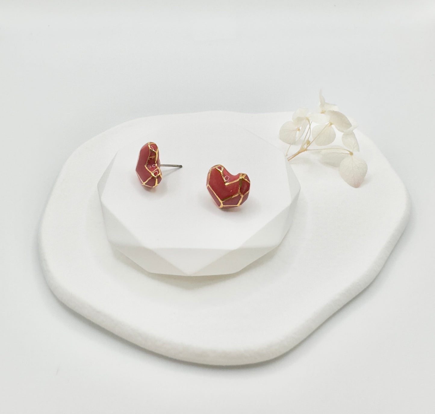 Heart Button Porcelain Earrings - Red