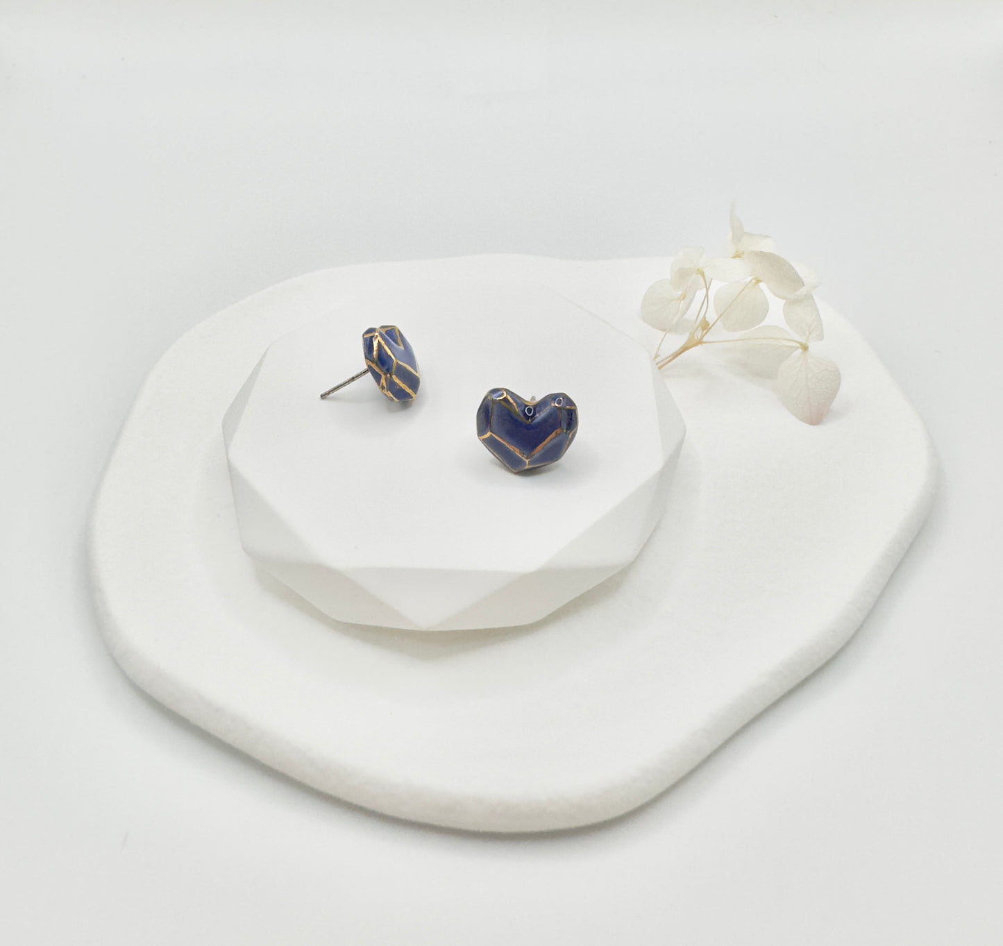 Heart Button Porcelain Earrings - Blue