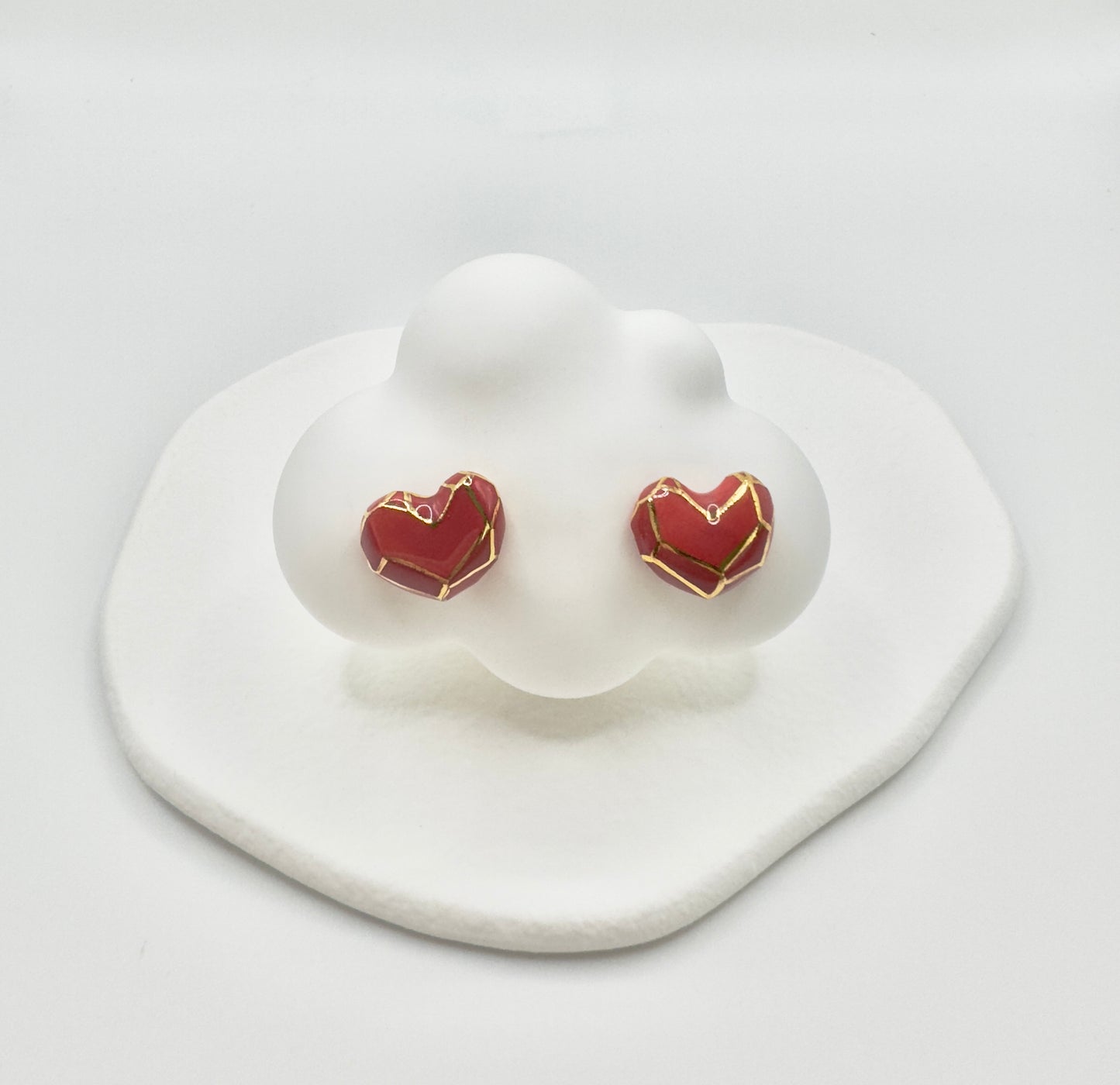 Heart Button Porcelain Earrings - Red