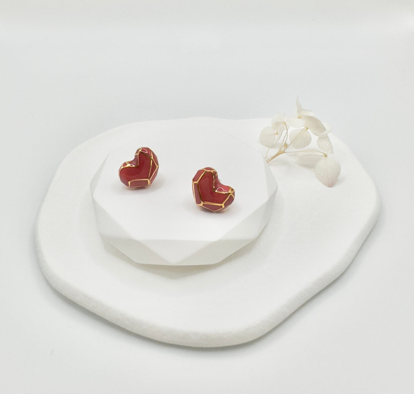 Heart Button Porcelain Earrings - Red