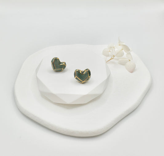 Heart Button Porcelain Earrings - Green