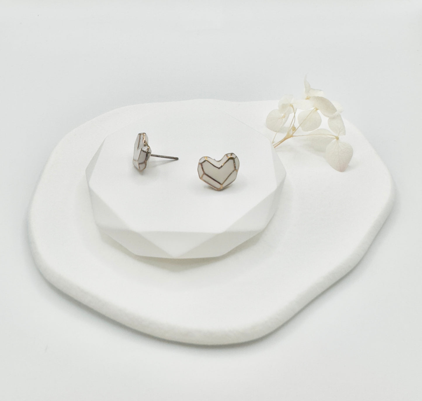 Heart Button Porcelain Earrings - White