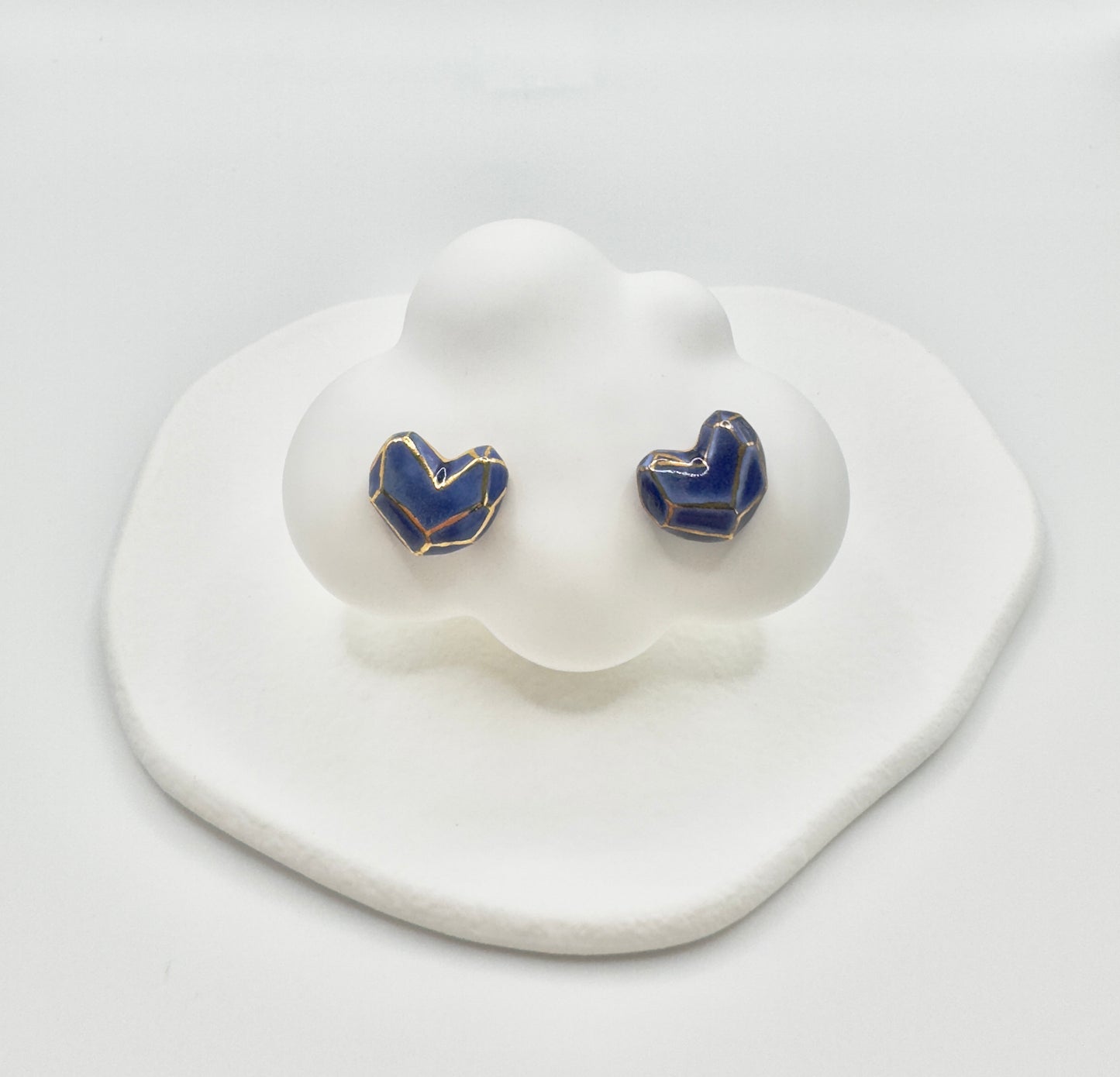 Heart Button Porcelain Earrings - Blue